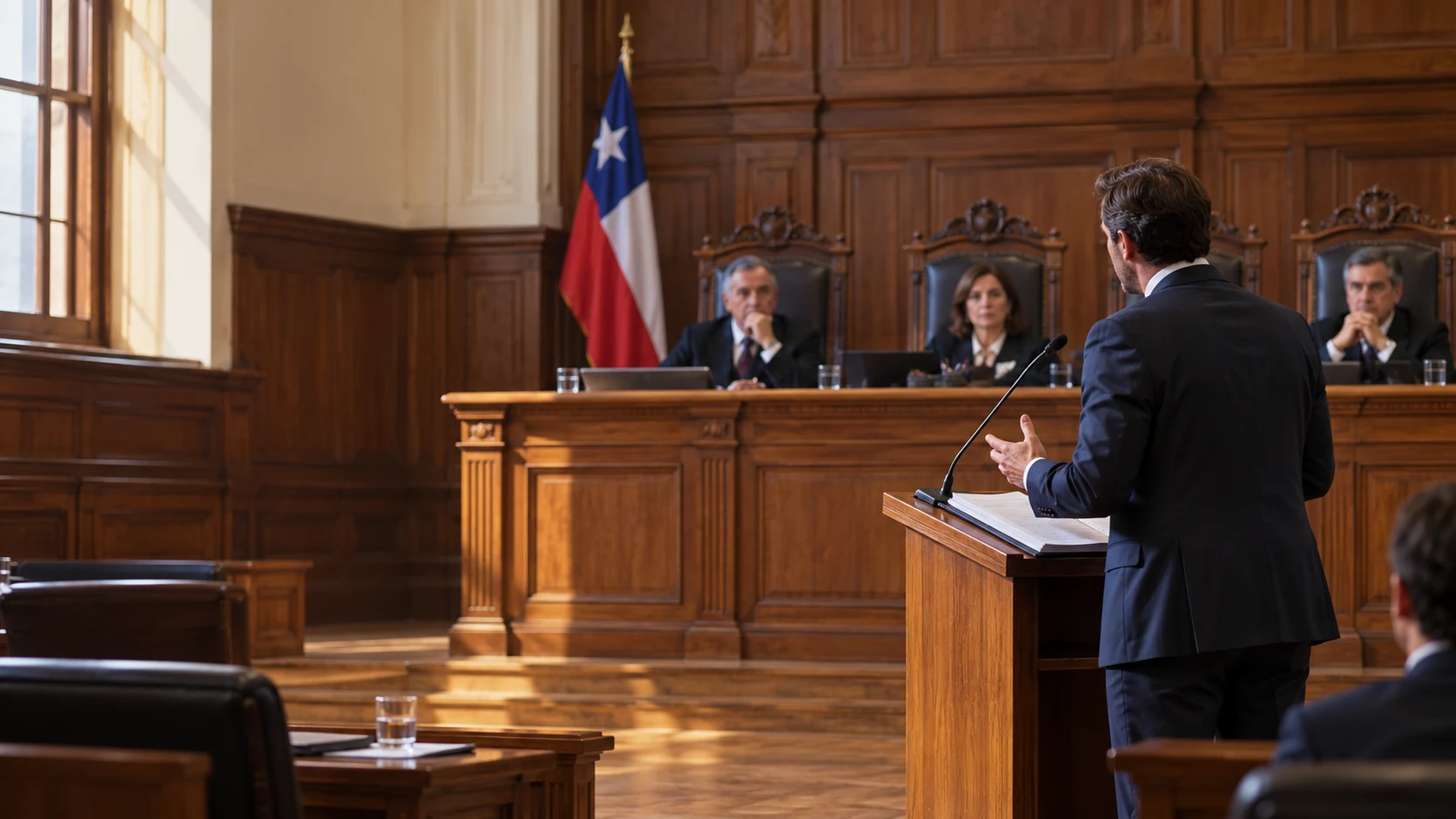 Escena ilustrativa de un abogado alegando ante una Corte de Apelaciones chilena